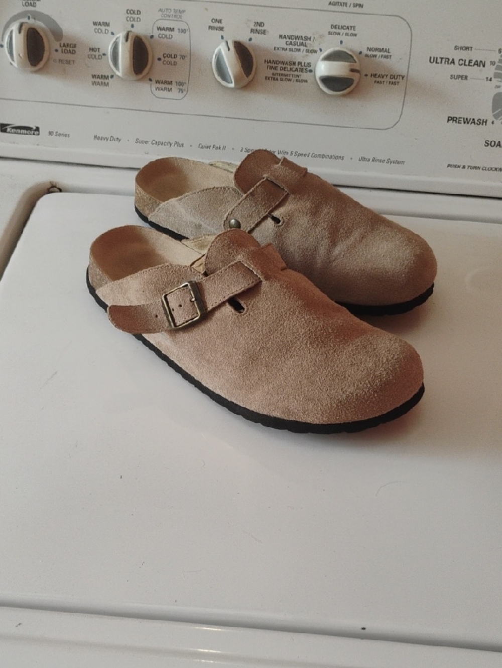 Kids Suede Clog Sandals in Beige - Adjustable Buckle